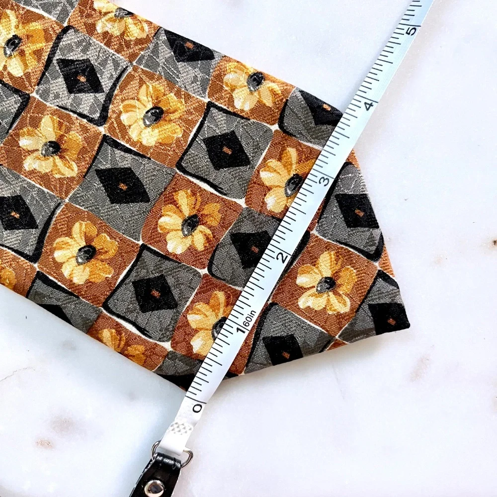 Lanvin Floral Checker Patterned Printed Copper Brown Grey 100% Silk Tie